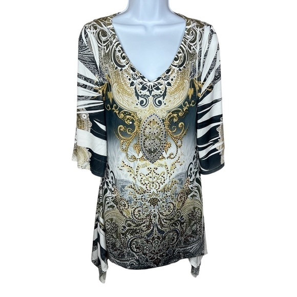 White Gold Black Rhinestone Accent V Neck Stretch Tunic Blouse R Rouge - Picture 1 of 13